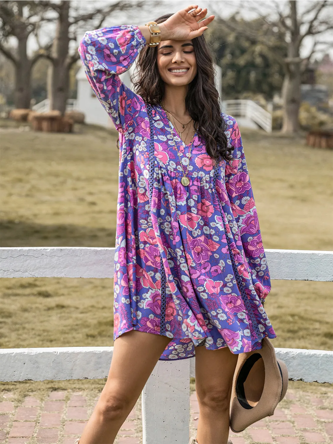 🌸 Floral Ruched V-Neck Long Sleeve Dress 🌸