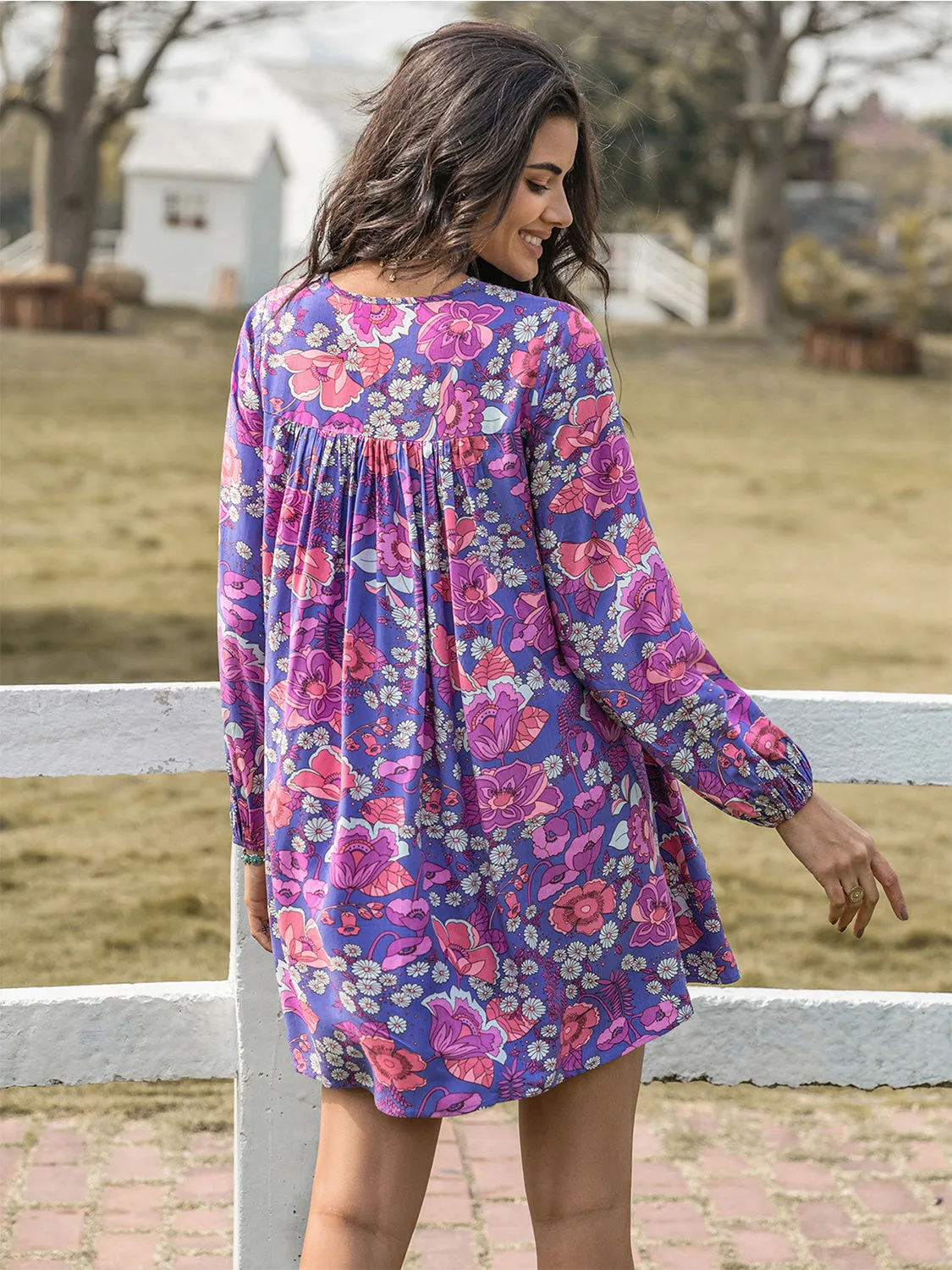 🌸 Floral Ruched V-Neck Long Sleeve Dress 🌸