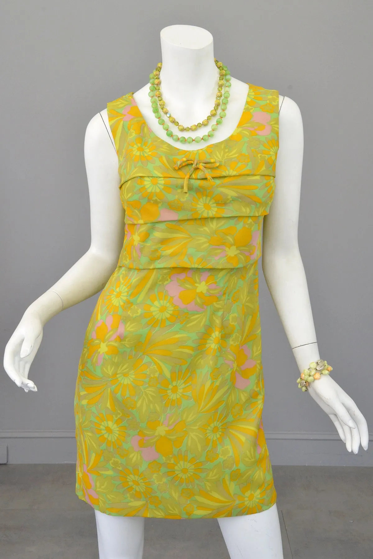 1960s 70s Neon Citrus Tiered Mini Gogo Dress Twiggy Dress