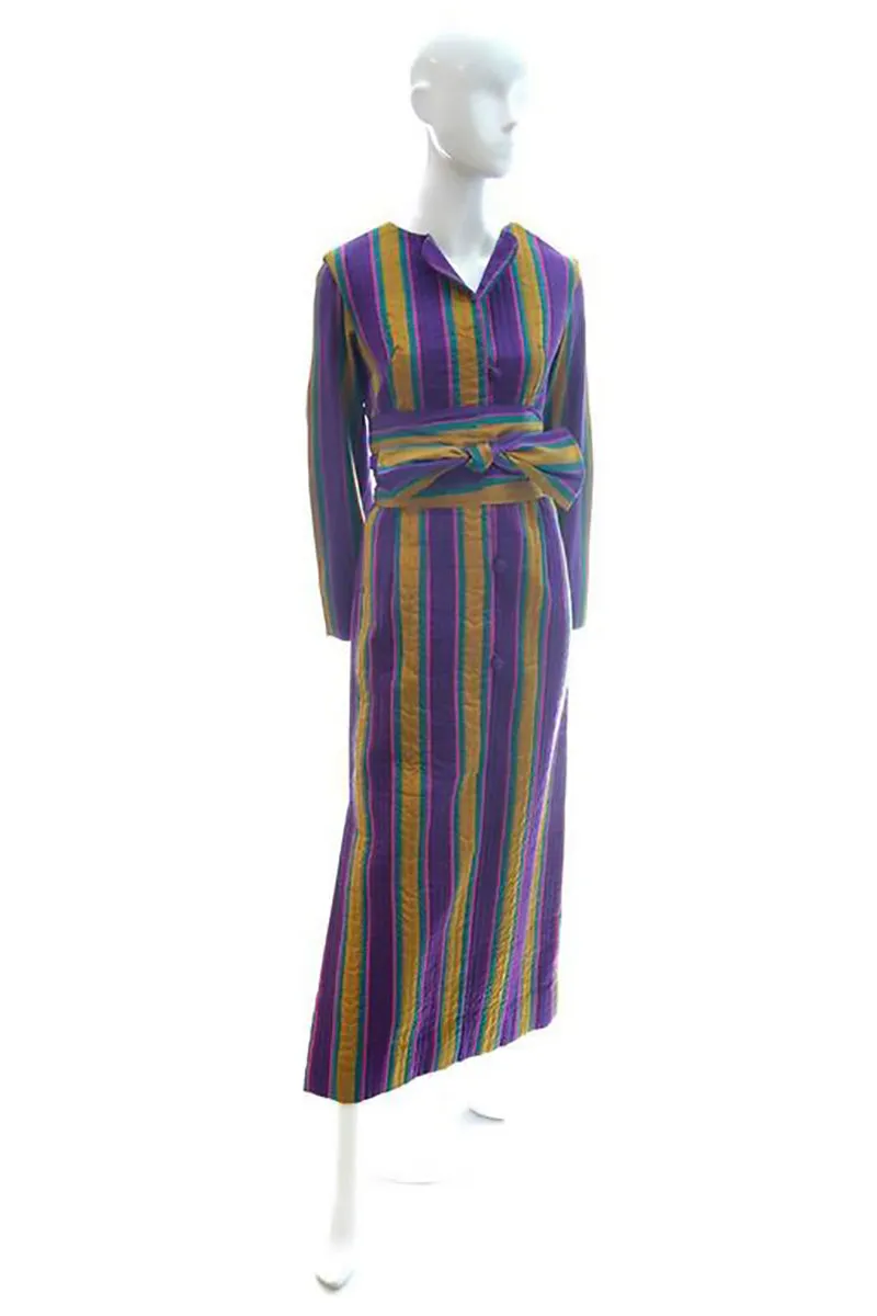 1970's Quilted Silk Vintage Caftan w/ Purple & Gold Stripes & Sash