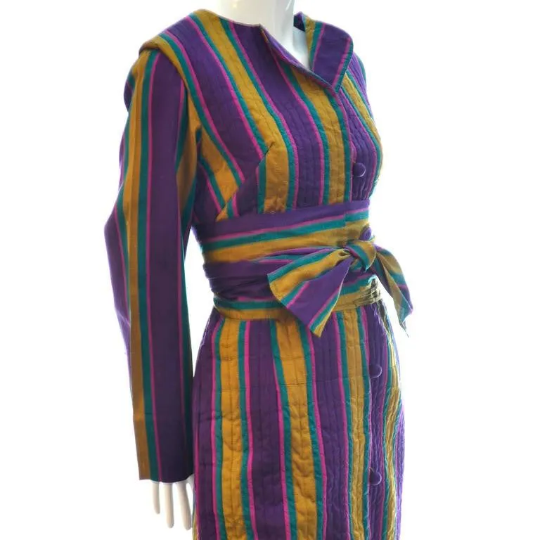 1970's Quilted Silk Vintage Caftan w/ Purple & Gold Stripes & Sash