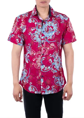 202124 - Men's Red Button Up Short Sleeve Dress Shirt