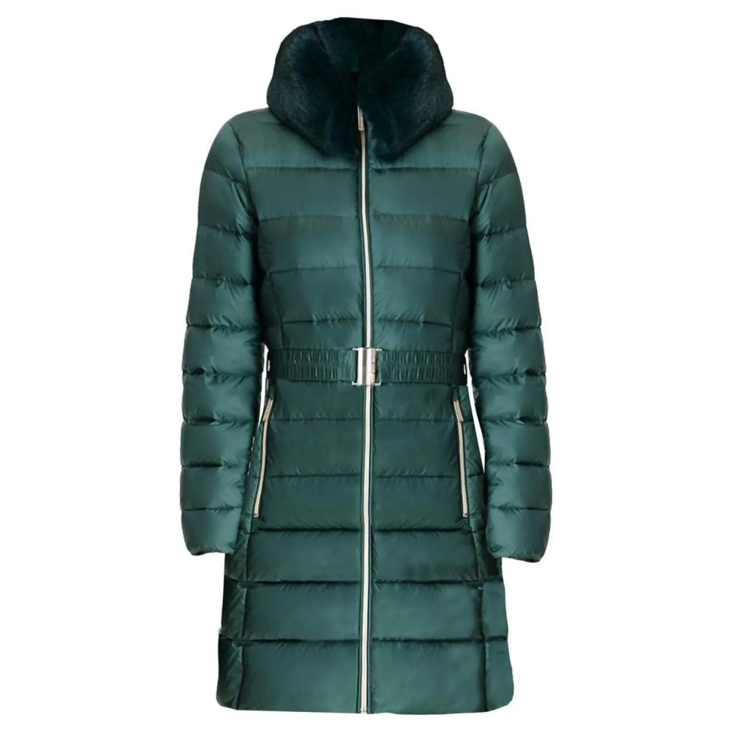 3/4 Belted Faux Fur Collar Packable Coat In Dark Emerald Green