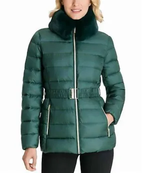 3/4 Belted Faux Fur Collar Packable Coat In Dark Emerald Green