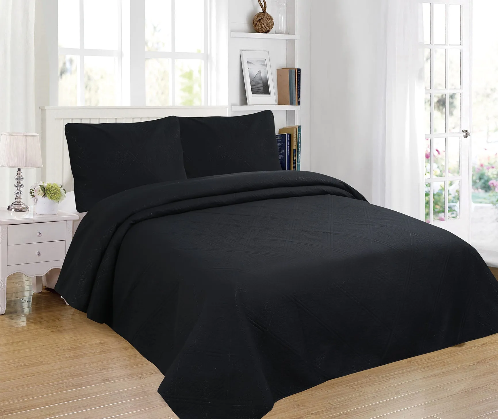 3pc Contemporary Solid Embroidered Bedspread Set