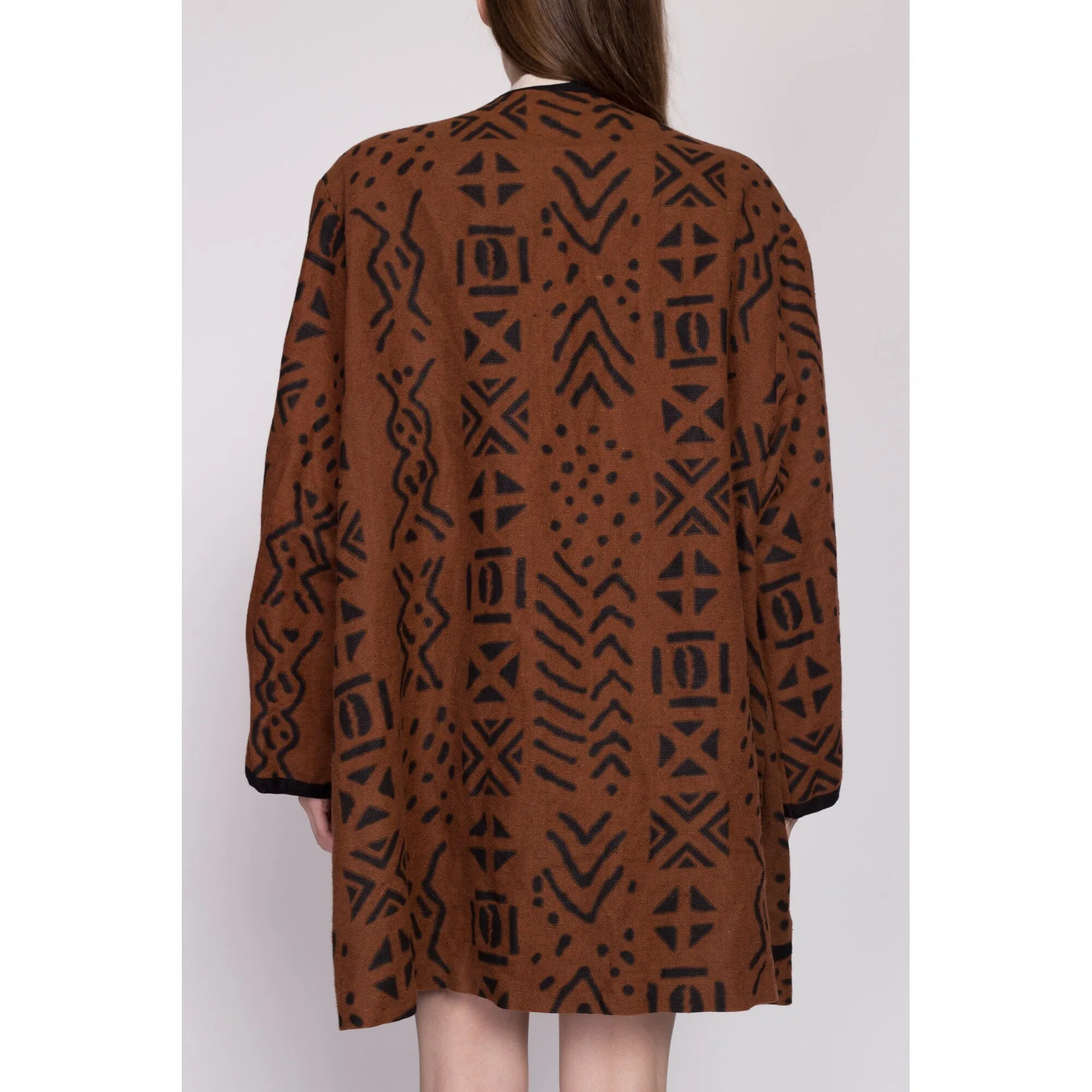 80s Boho Brown Linen Open Fit Jacket - One Size