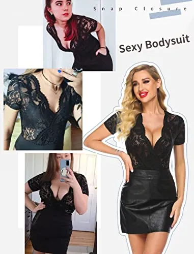 Avidlove Lace Bodysuit Sexy Short Sleeve Bodysuit Lingeriefor Women Deep V Snap Crotch Bodysuit Tops Black S