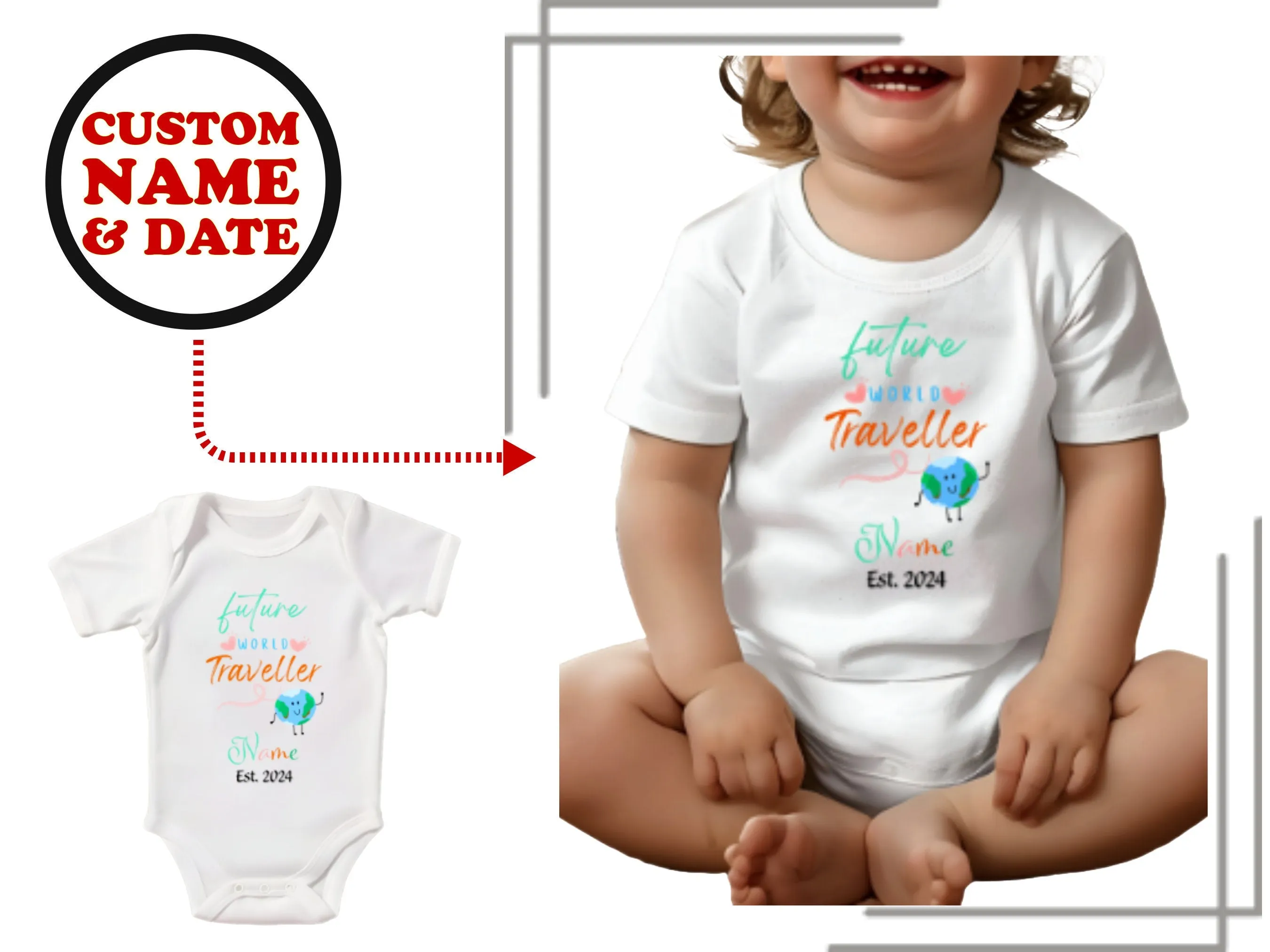 Baby Girl Personalized Name & Date Bodysuit With Future World Traveler Text