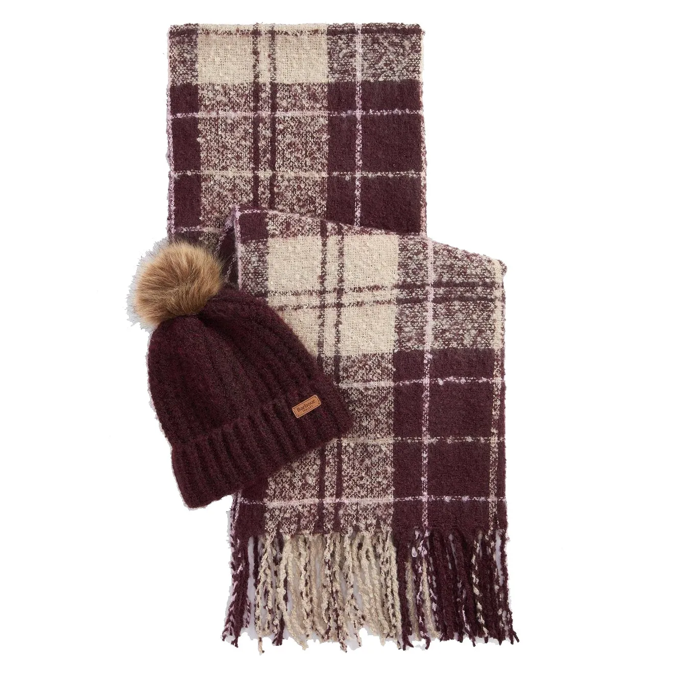 Barbour Saltburn Beanie And Tartan Scarf Gift Set Cabernet