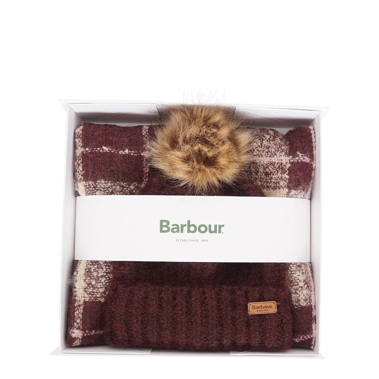 Barbour Saltburn Beanie And Tartan Scarf Gift Set Cabernet