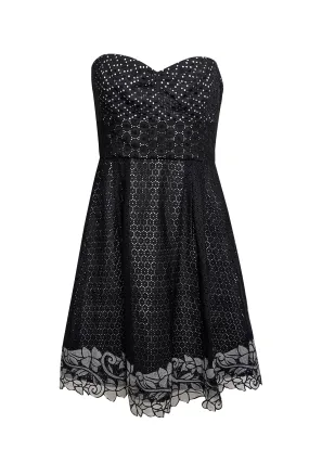 BCBG Max Azria - Black Eyelet Strapless Floral Detail Hem Dress Sz 4