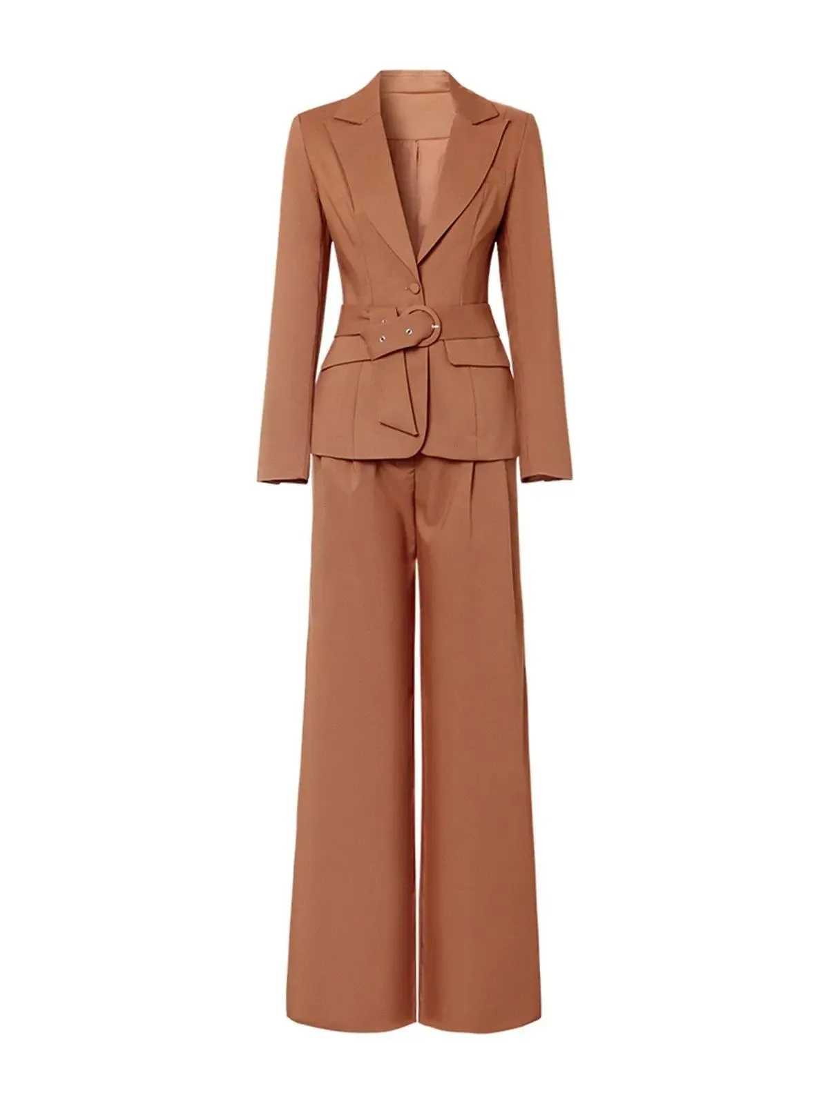 Belted Blazer & Striped Wide Leg Pant Suit