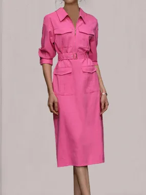 Belted Shirt Dress with Zip Closure