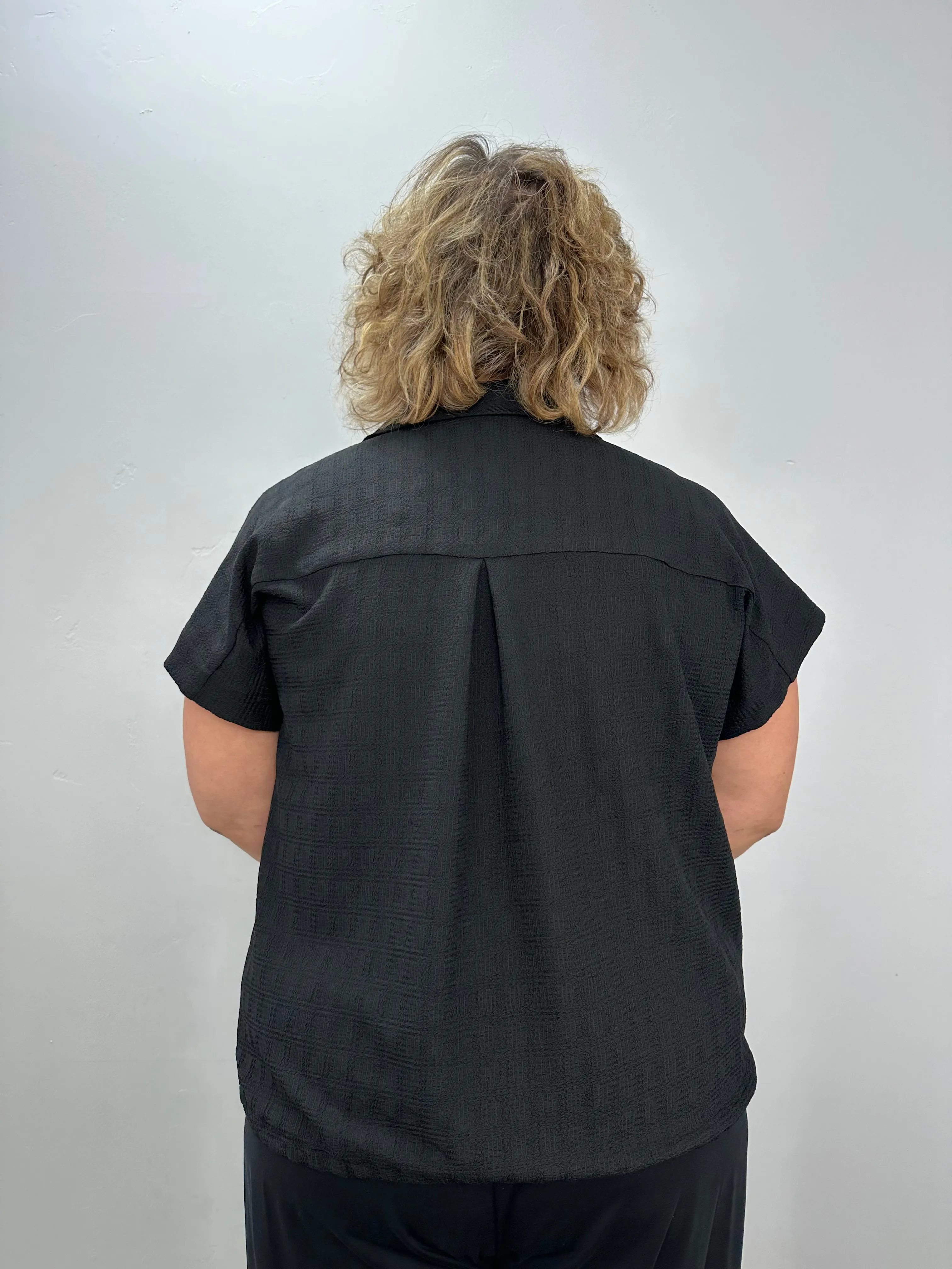 Black Collared Draw String Short Sleeve Top