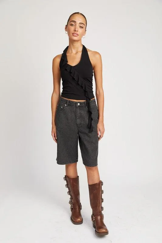 Black Denim Bermuda Culottes Shorts With Pockets