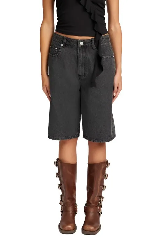 Black Denim Bermuda Culottes Shorts With Pockets