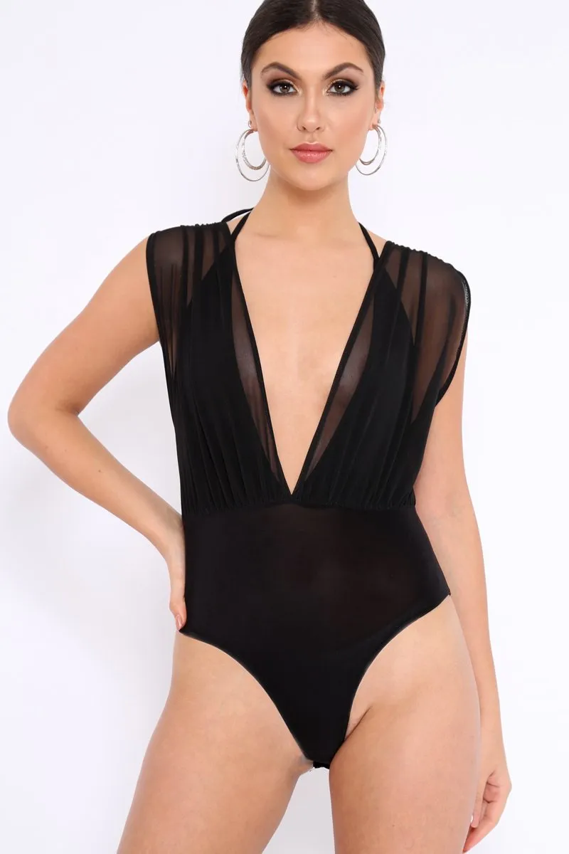 Black Mesh V-Plunge Bodysuit - Malie