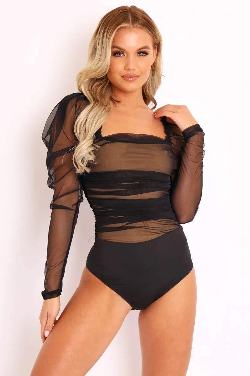 Black Nude Ruched Body Mesh Sleeve Bodysuit - Amylee