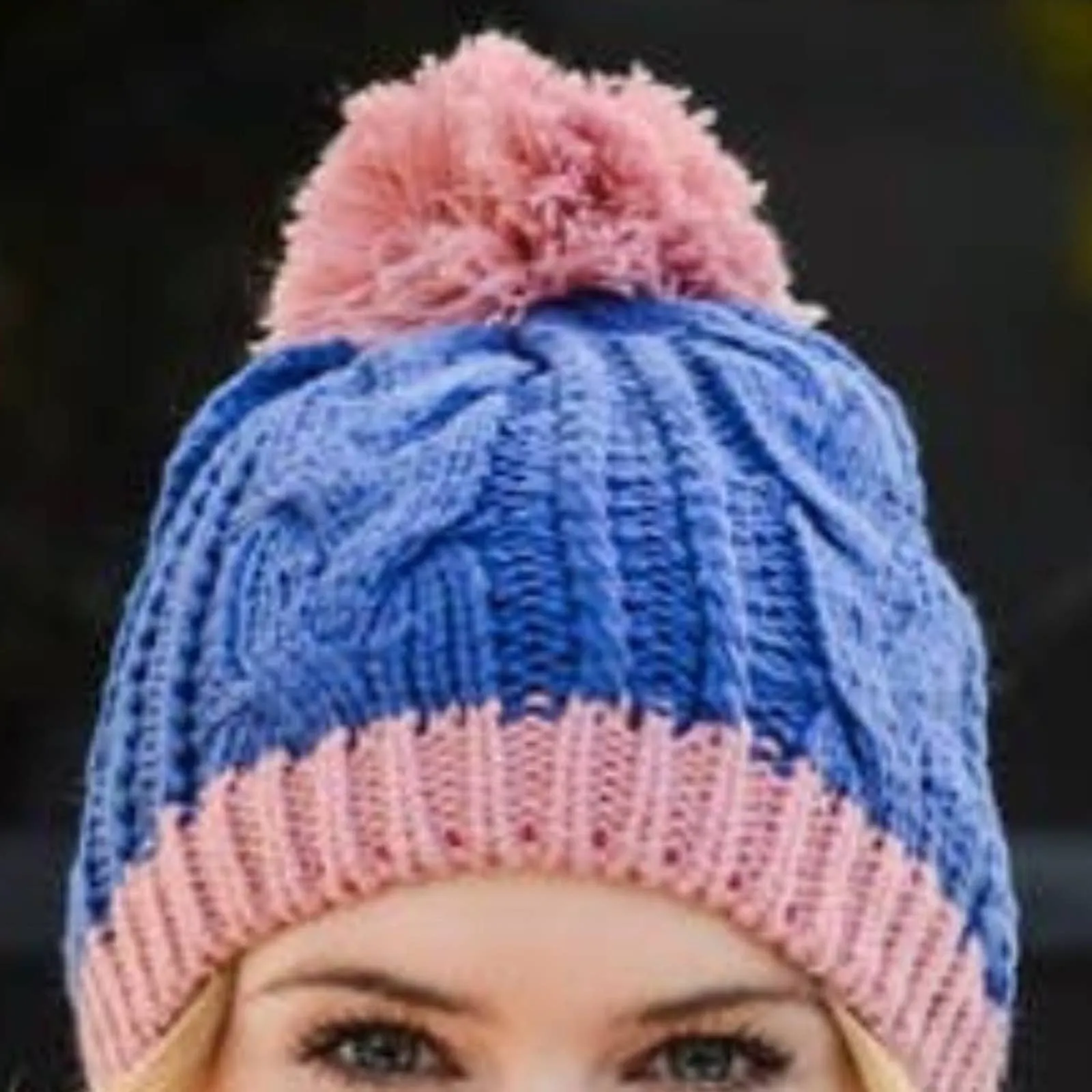 Blue & Pink Two Tone Pom Pom Cable Knit Beanie