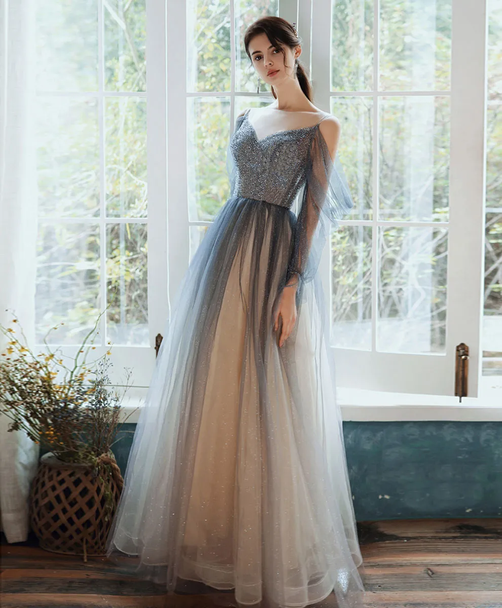 Blue Tulle Sequin Long Prom Dress Blue Tulle Formal Dress