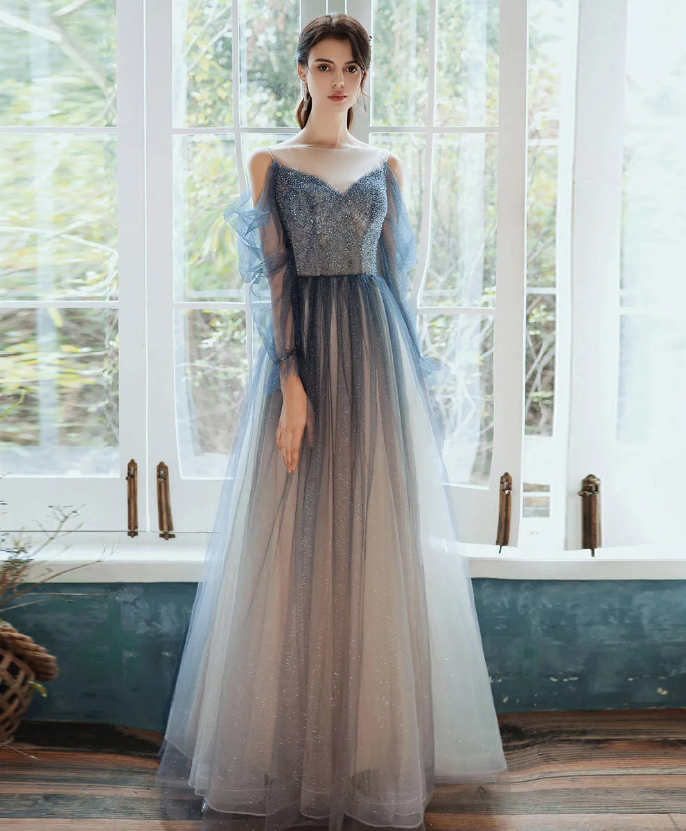 Blue Tulle Sequin Long Prom Dress Blue Tulle Formal Dress