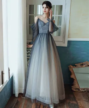 Blue Tulle Sequin Long Prom Dress Blue Tulle Formal Dress