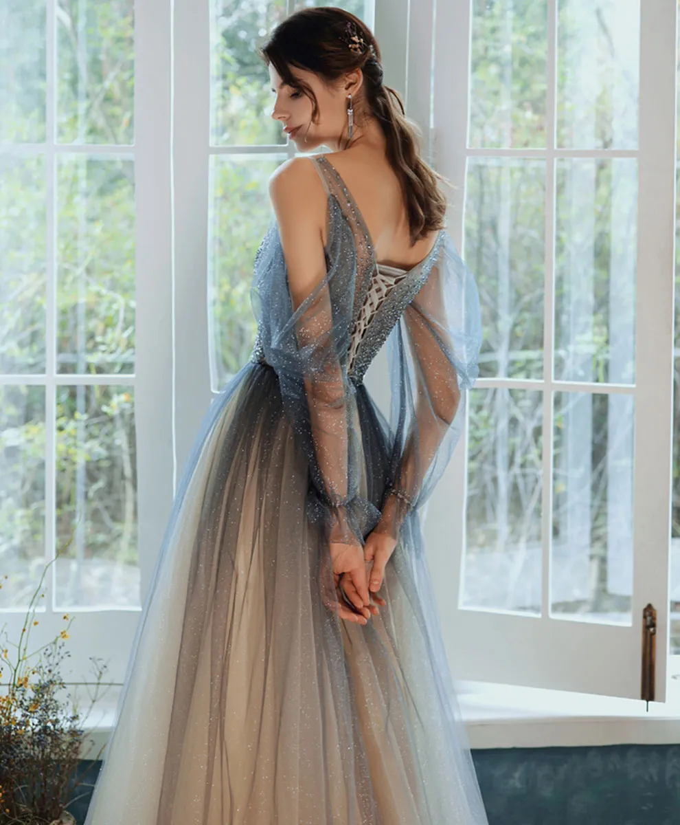 Blue Tulle Sequin Long Prom Dress Blue Tulle Formal Dress