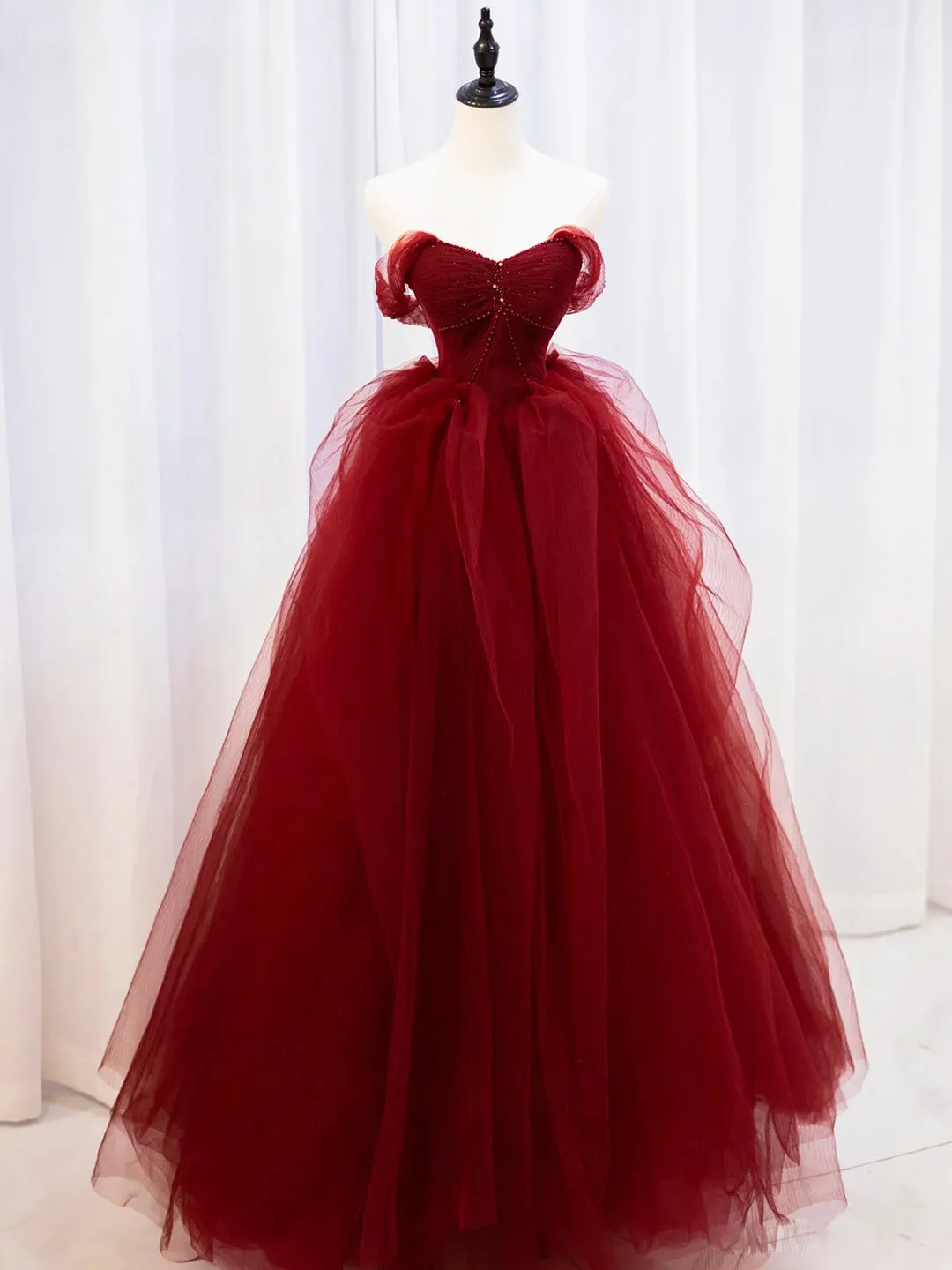 Burgundy Sweetheart Tulle Long Prom Dress with Beaded, Burgundy Party Dress