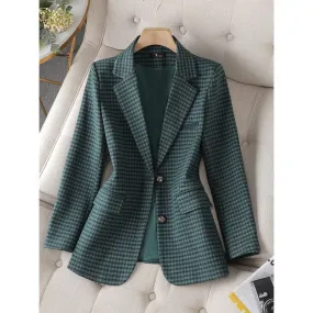 CAROLINE SUITS Women's Elegant Stylish Fashion Office Professional Woven Emerald Green Plaid Blazer Jacket