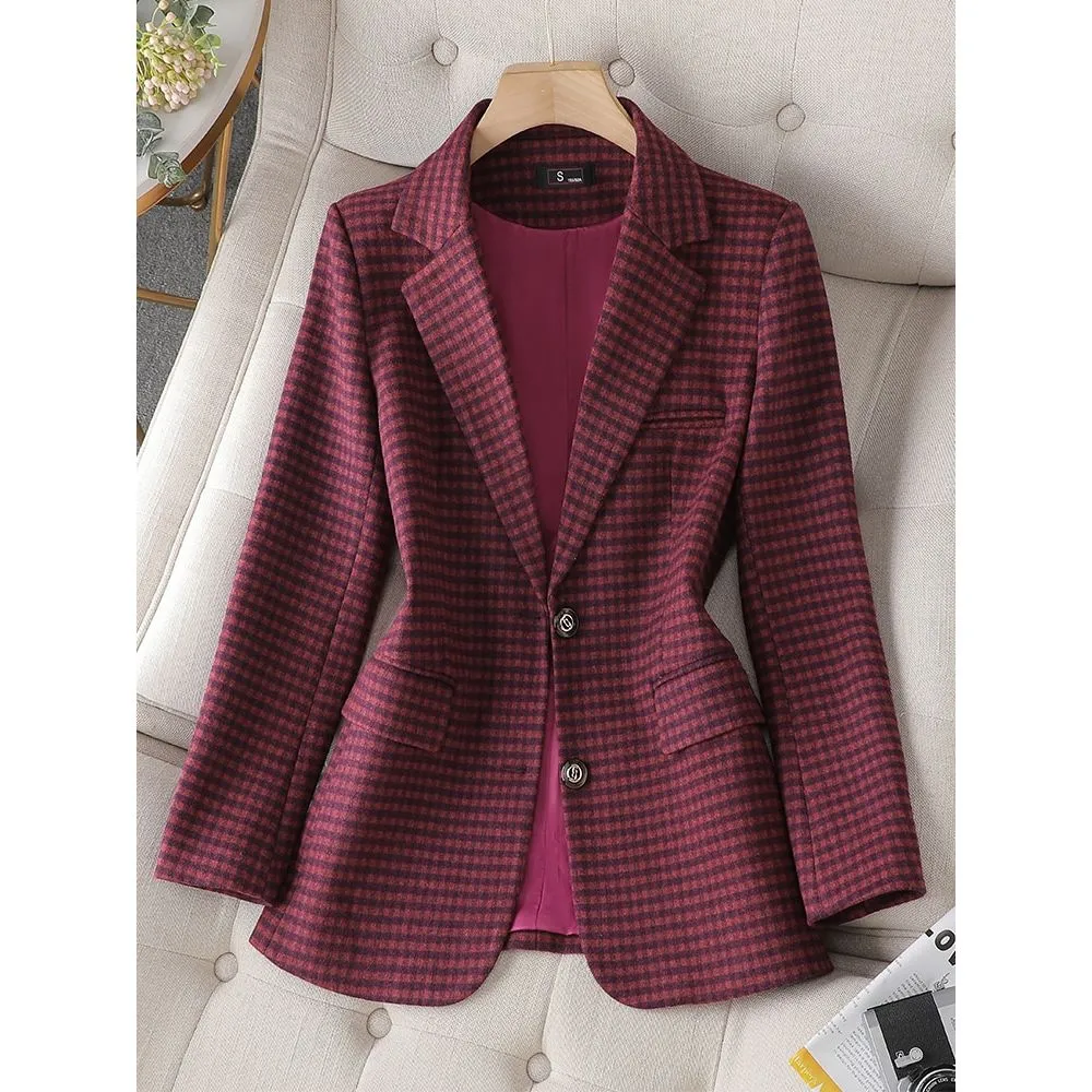 CAROLINE SUITS Women's Elegant Stylish Fashion Office Professional Woven Emerald Green Plaid Blazer Jacket