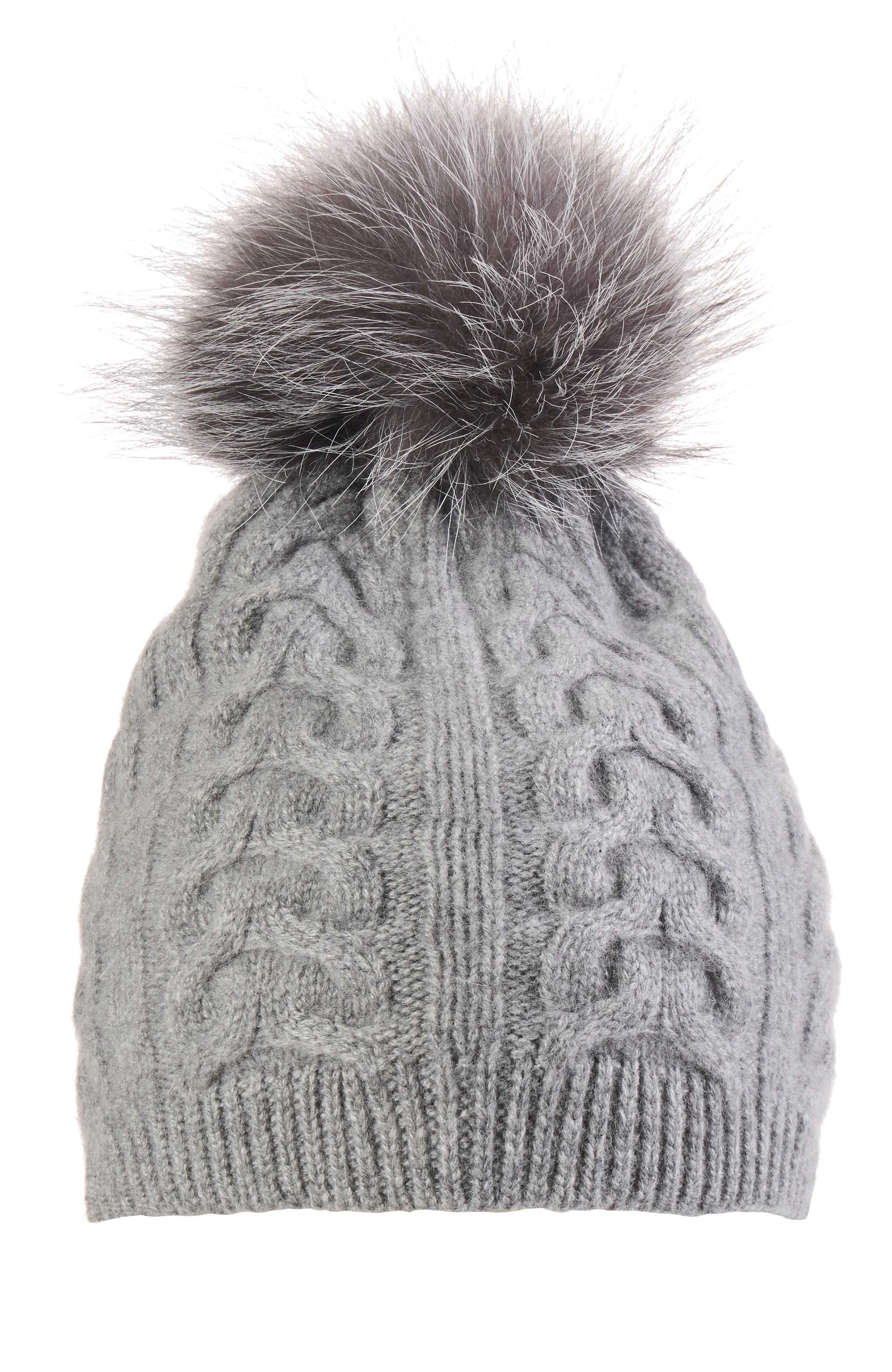 CASHMERE CABLE KNIT HAT WITH FUR POM