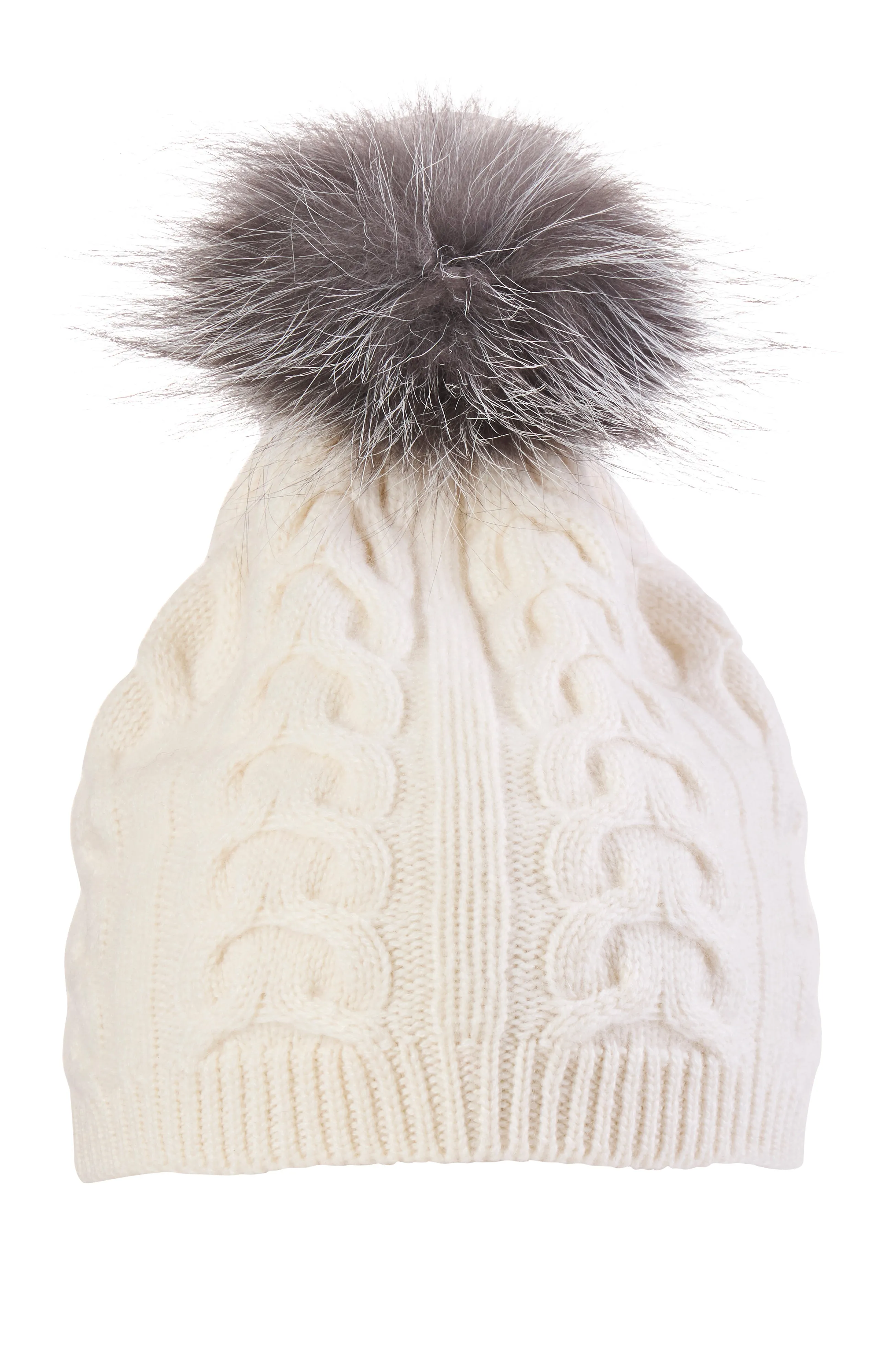 CASHMERE CABLE KNIT HAT WITH FUR POM