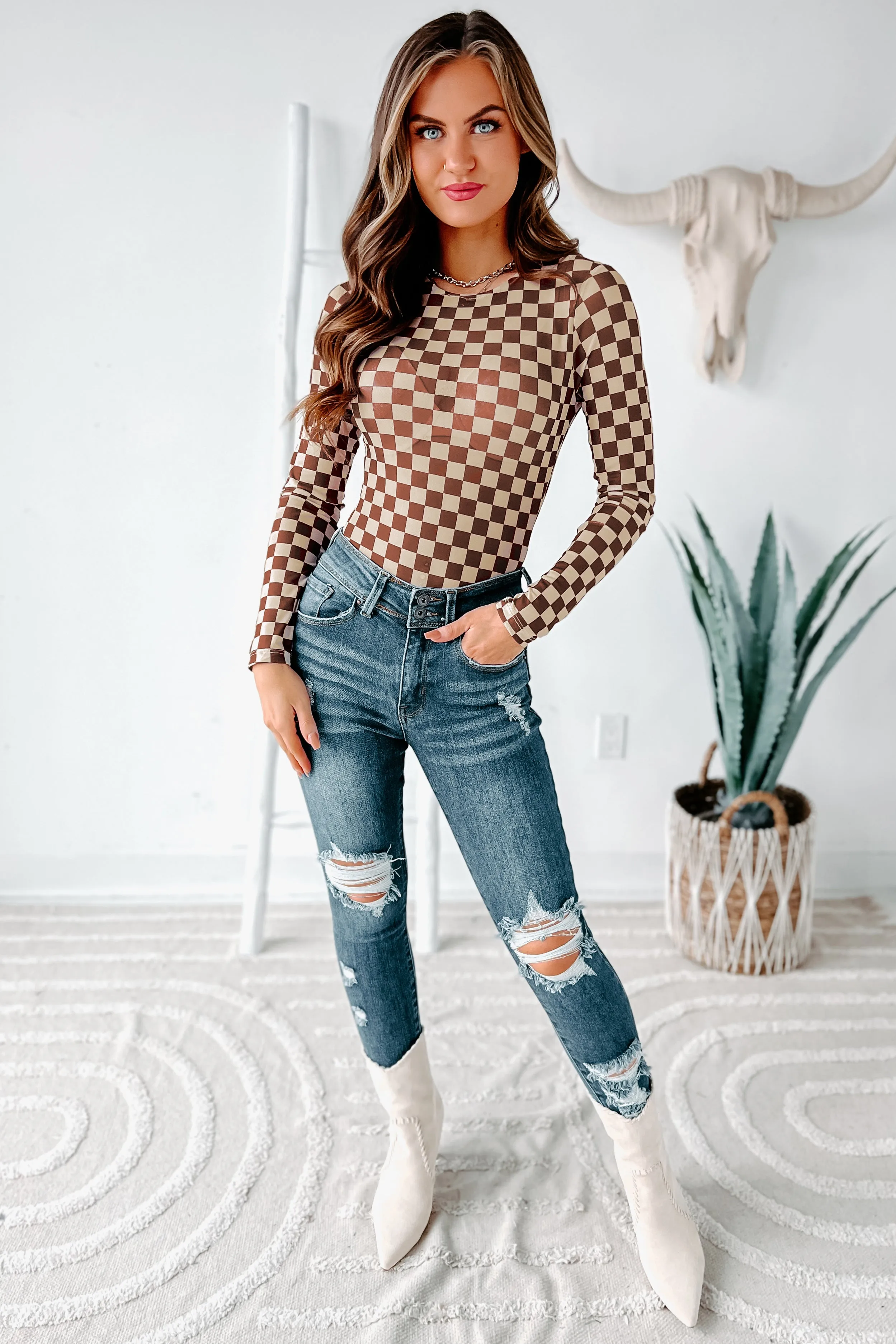 Checked Out Mesh Checker Print Bodysuit (Brown/Tan)