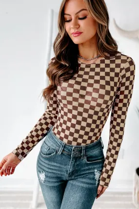 Checked Out Mesh Checker Print Bodysuit (Brown/Tan)