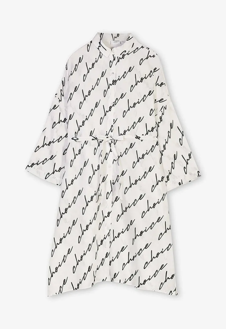 Choice Drop Shoulders Logo Printed Shirt Dress Off White