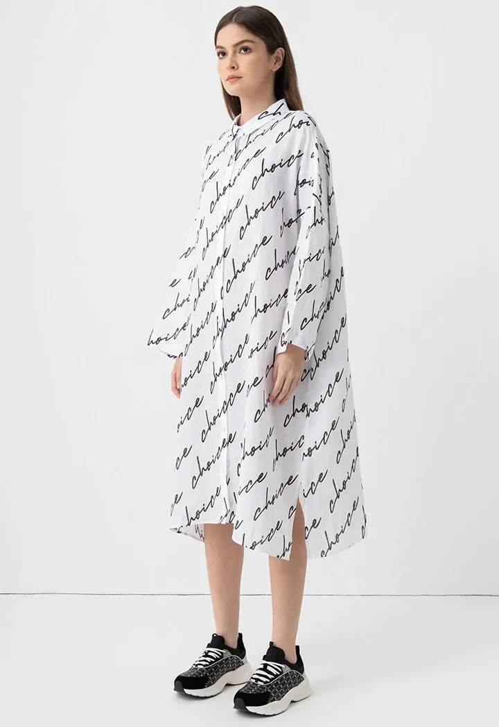 Choice Drop Shoulders Logo Printed Shirt Dress Off White