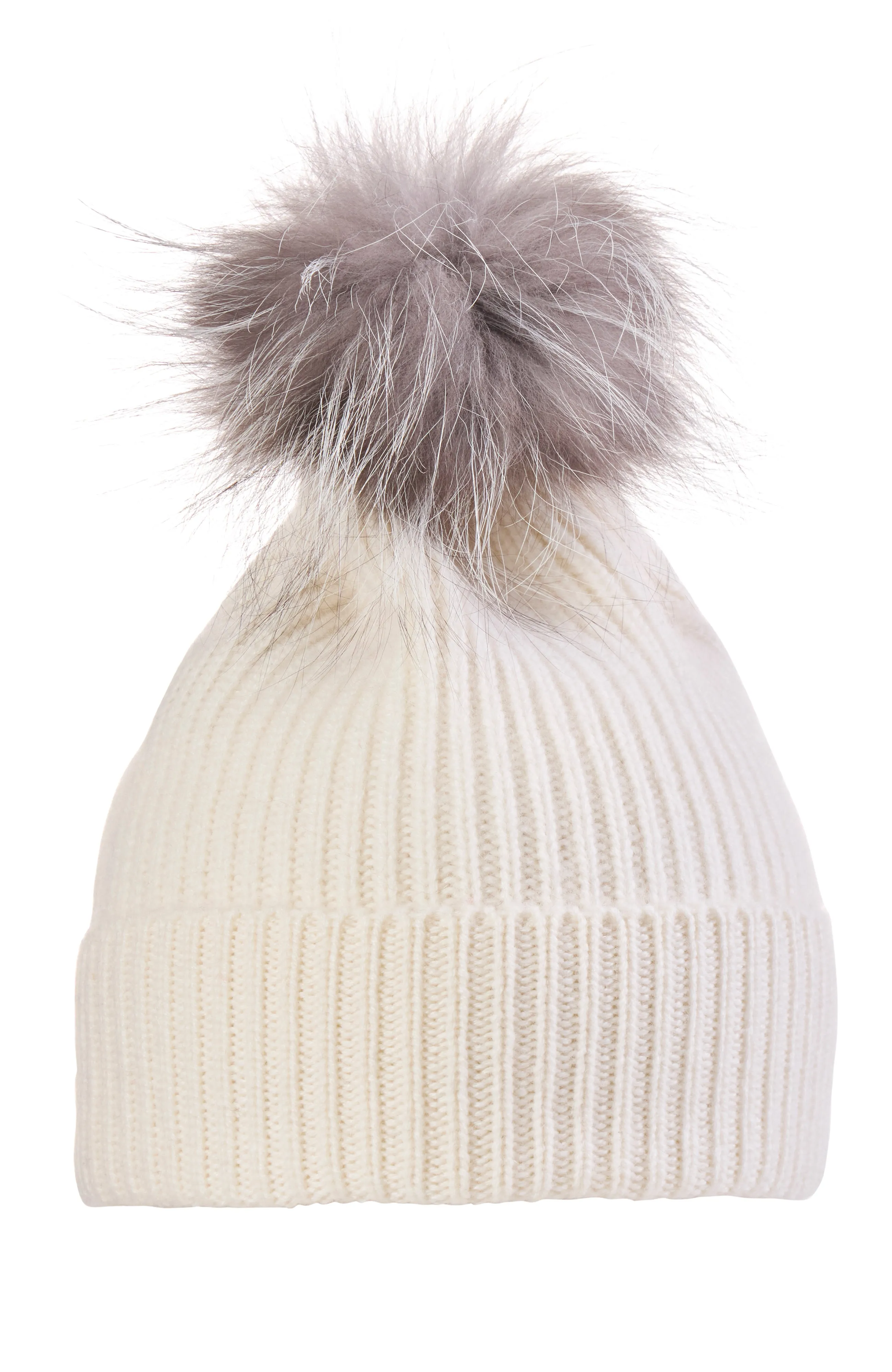 CHUNKY RIBBED CASHMERE HAT WITH FUR POM