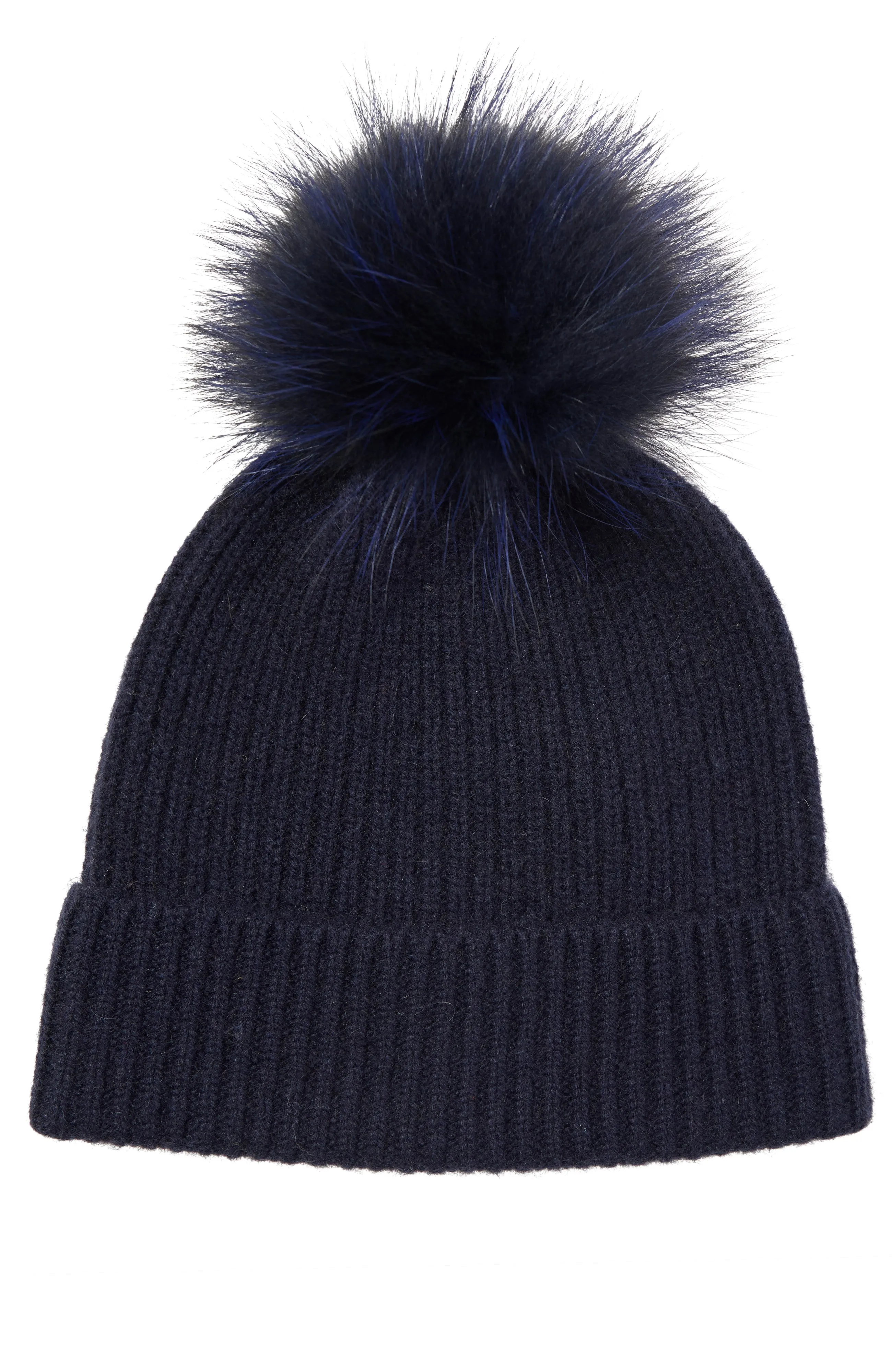 CHUNKY RIBBED CASHMERE HAT WITH FUR POM