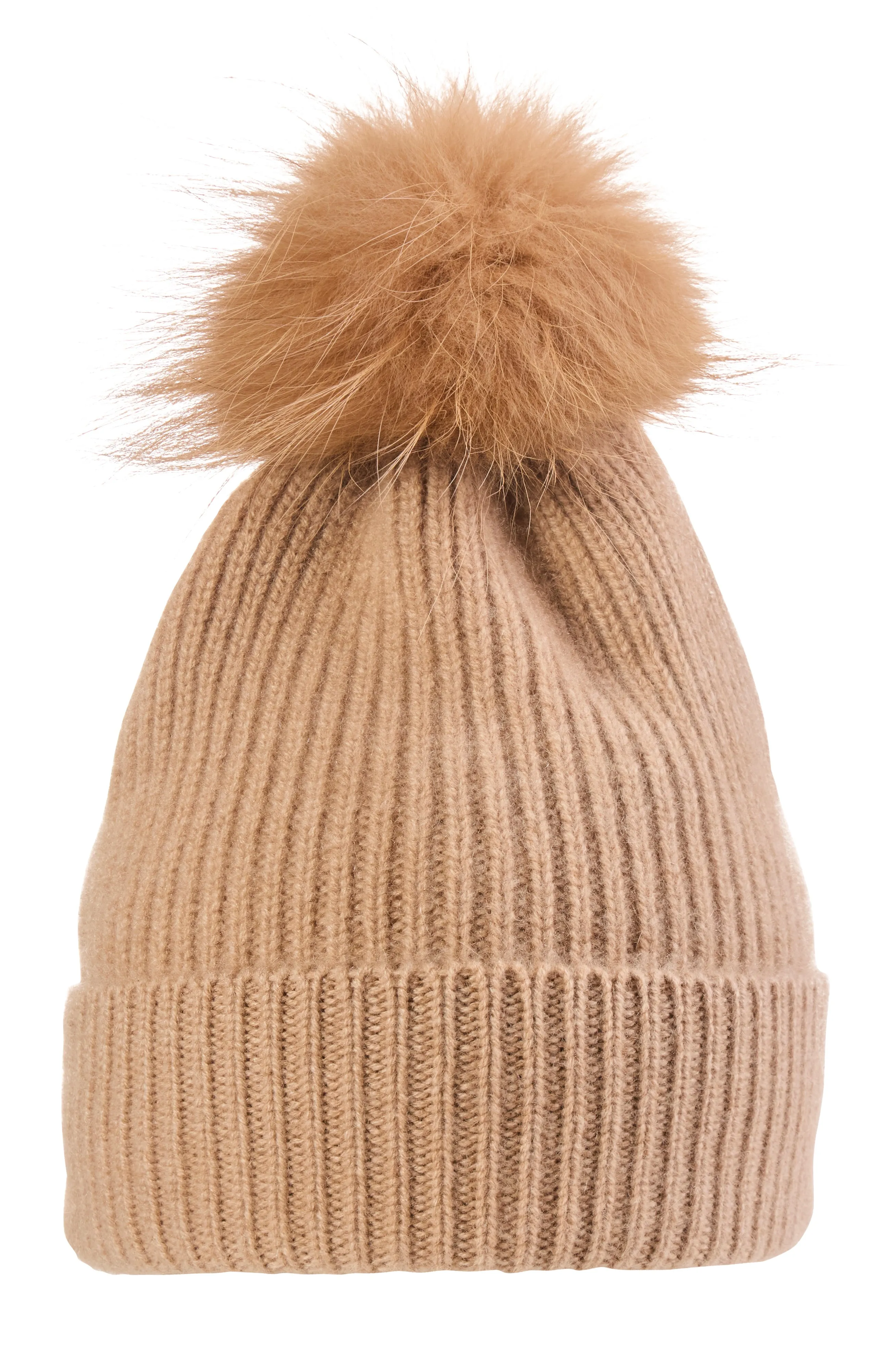 CHUNKY RIBBED CASHMERE HAT WITH FUR POM