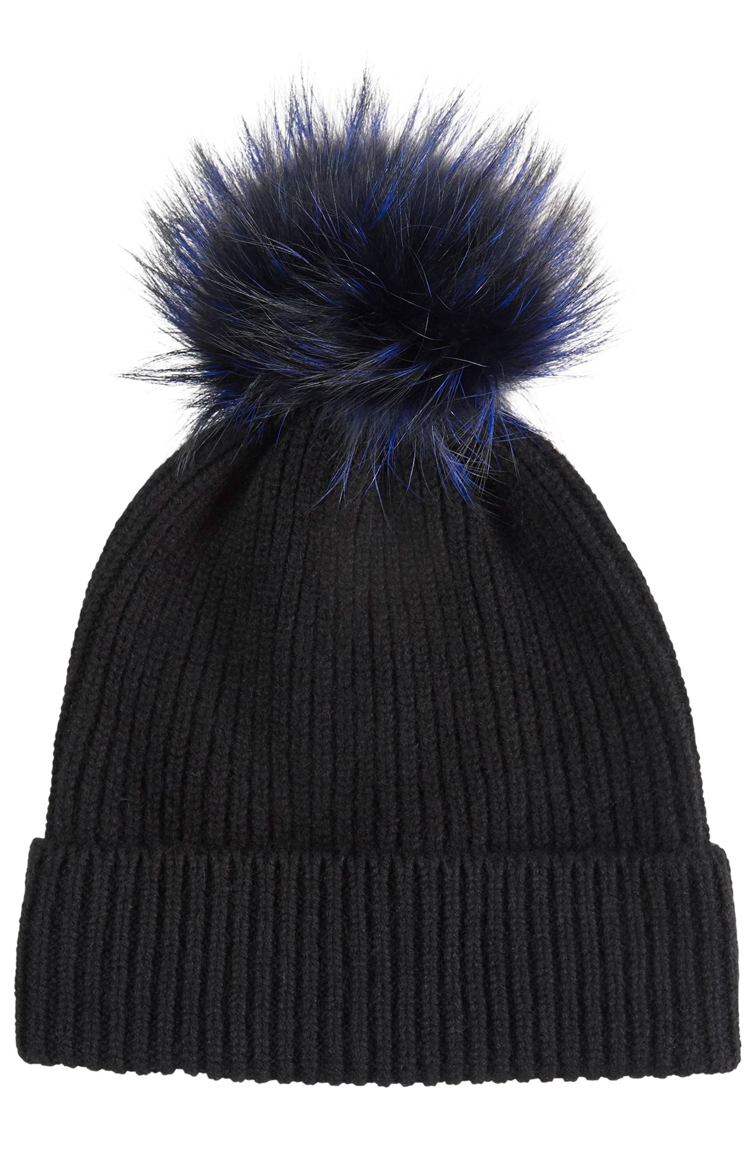 CHUNKY RIBBED CASHMERE HAT WITH FUR POM