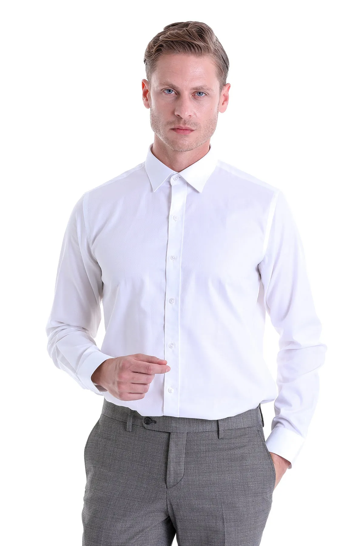 Classic Fit Long Sleeve Cotton White Dress Shirt