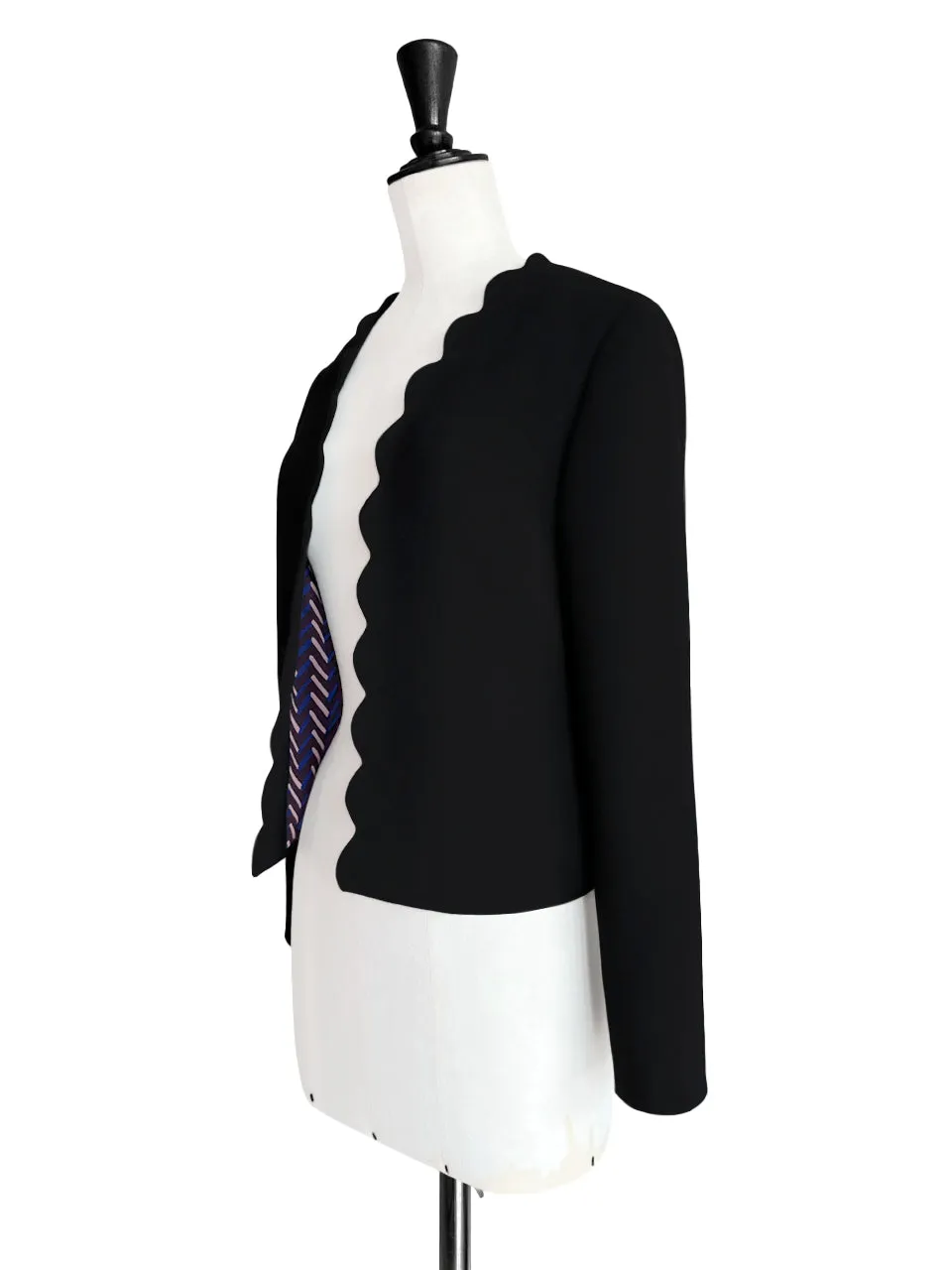 Classy Black Scalloped Collar Open Front Jacket