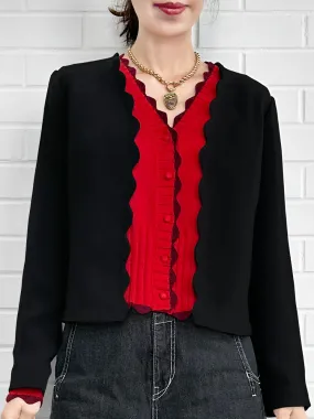 Classy Black Scalloped Collar Open Front Jacket