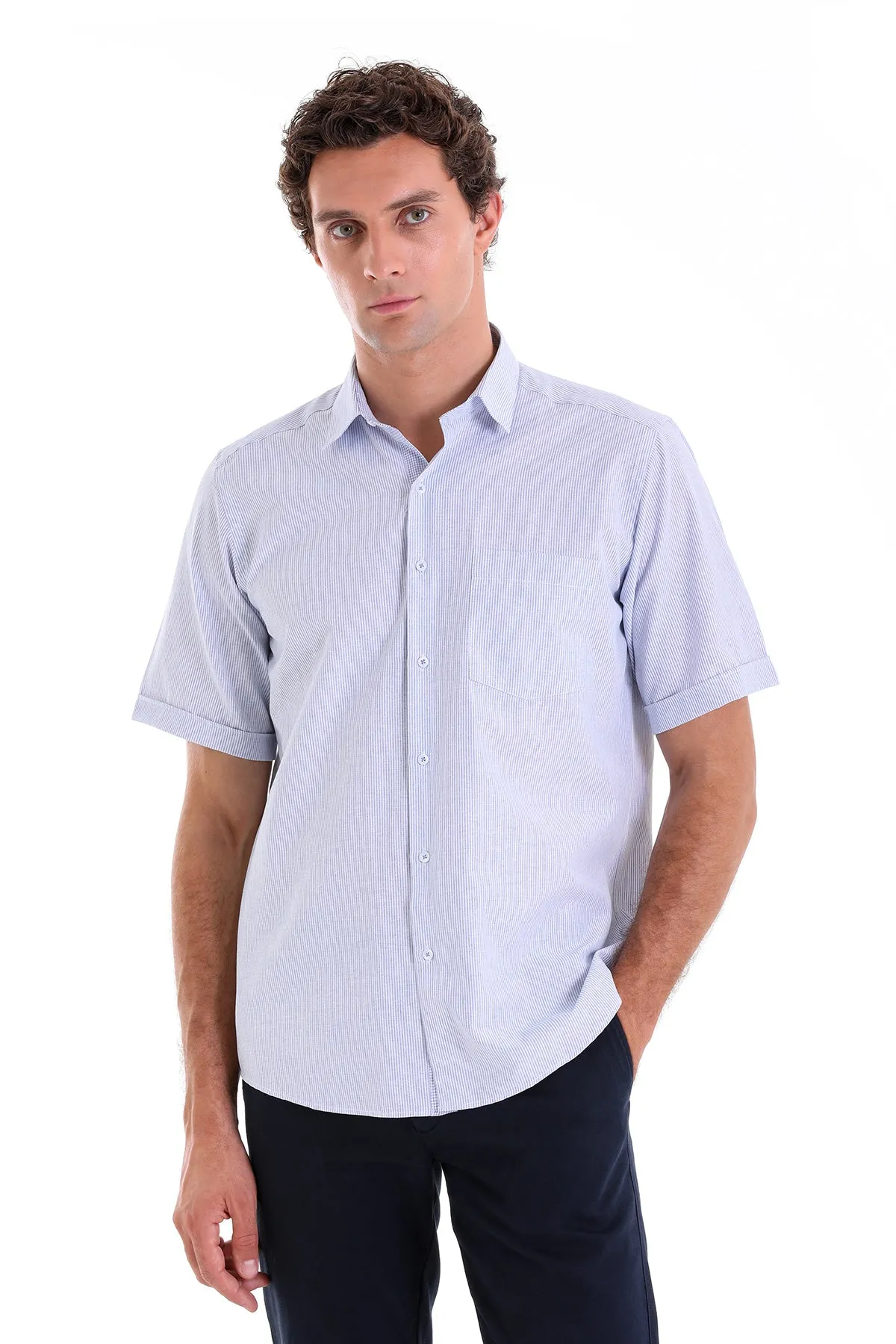 Comfort Fit Cotton Blend Striped Navy Dress Shirt