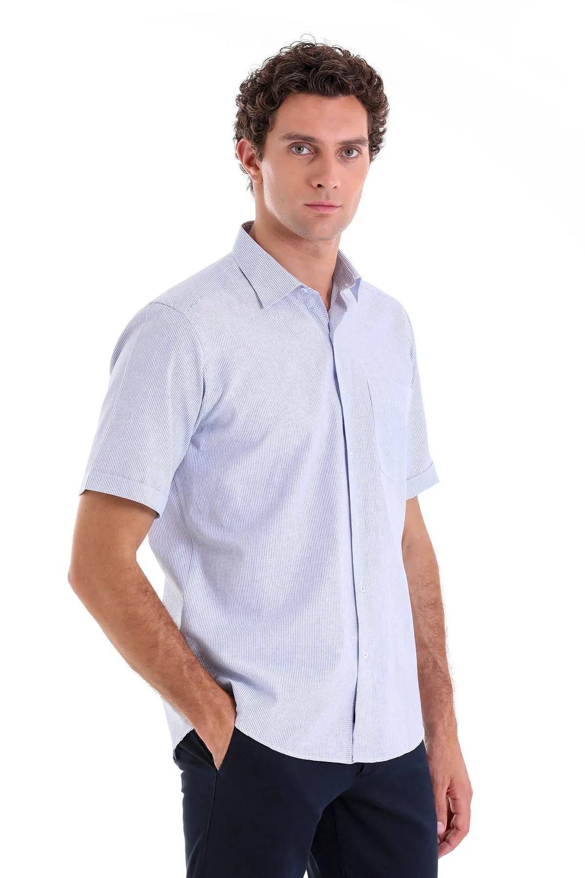 Comfort Fit Cotton Blend Striped Navy Dress Shirt