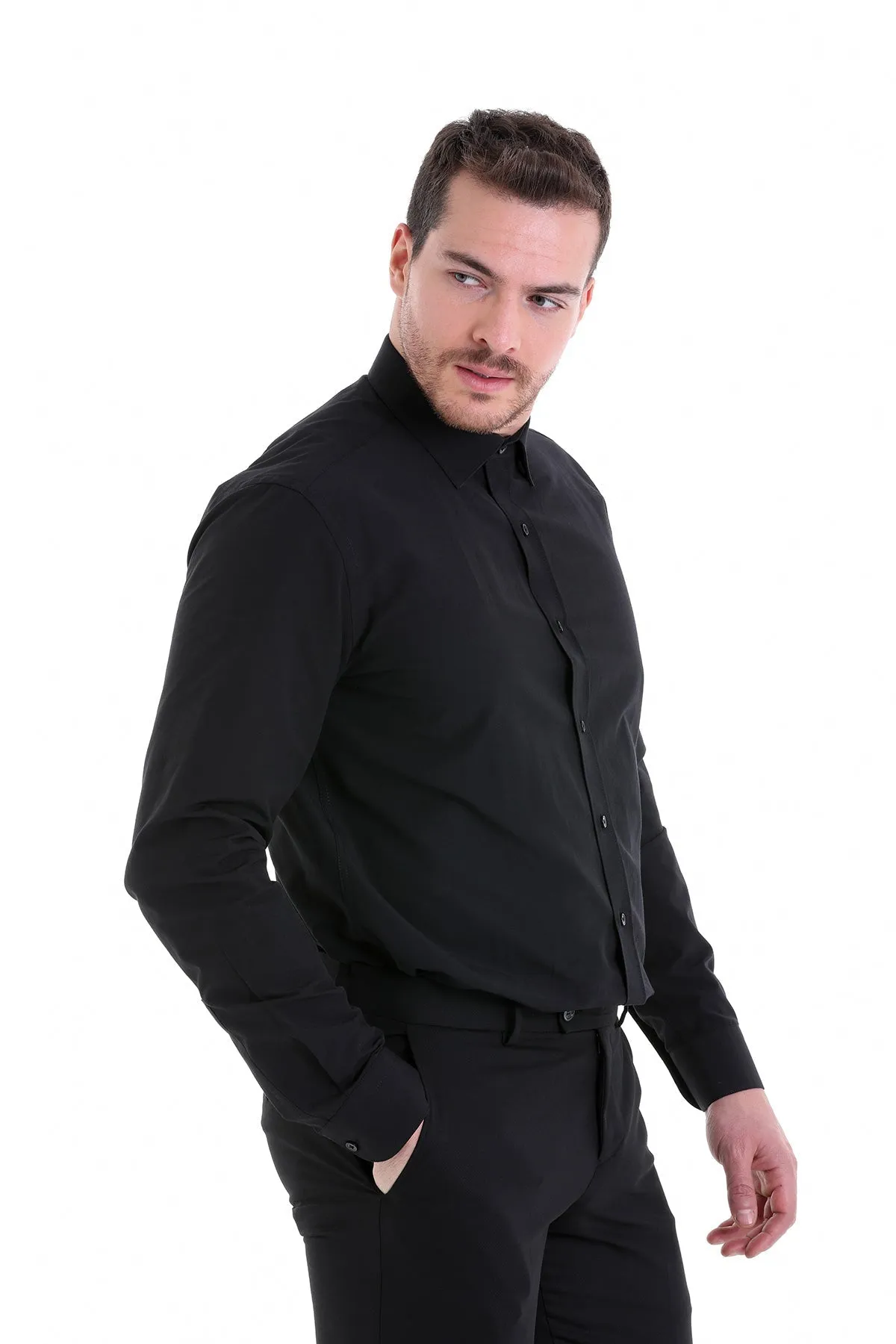 Comfort Fit Plain Long Sleeve Cotton Blend Black Dress Shirt