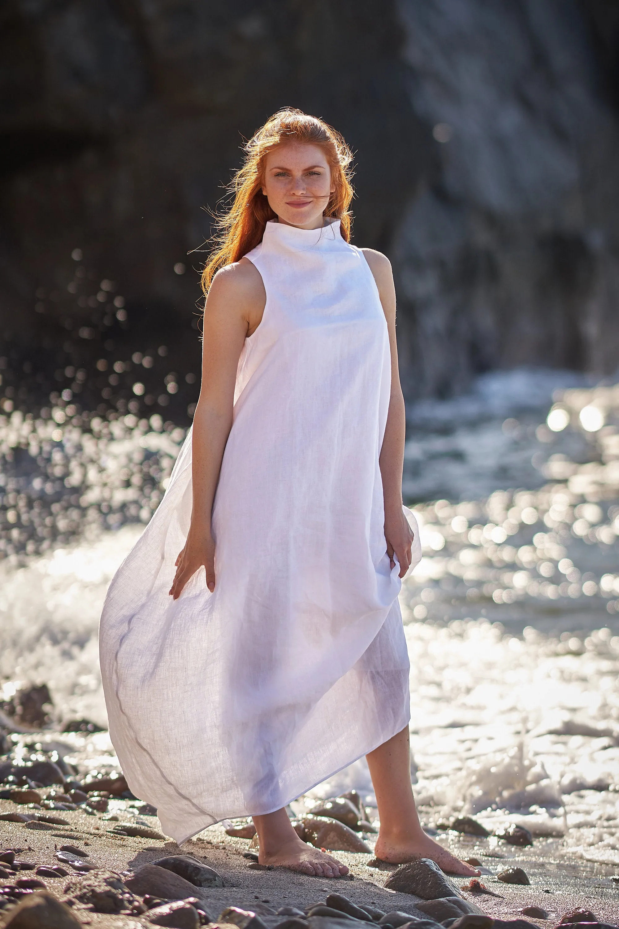 Cowl Neck Linen Dress in White