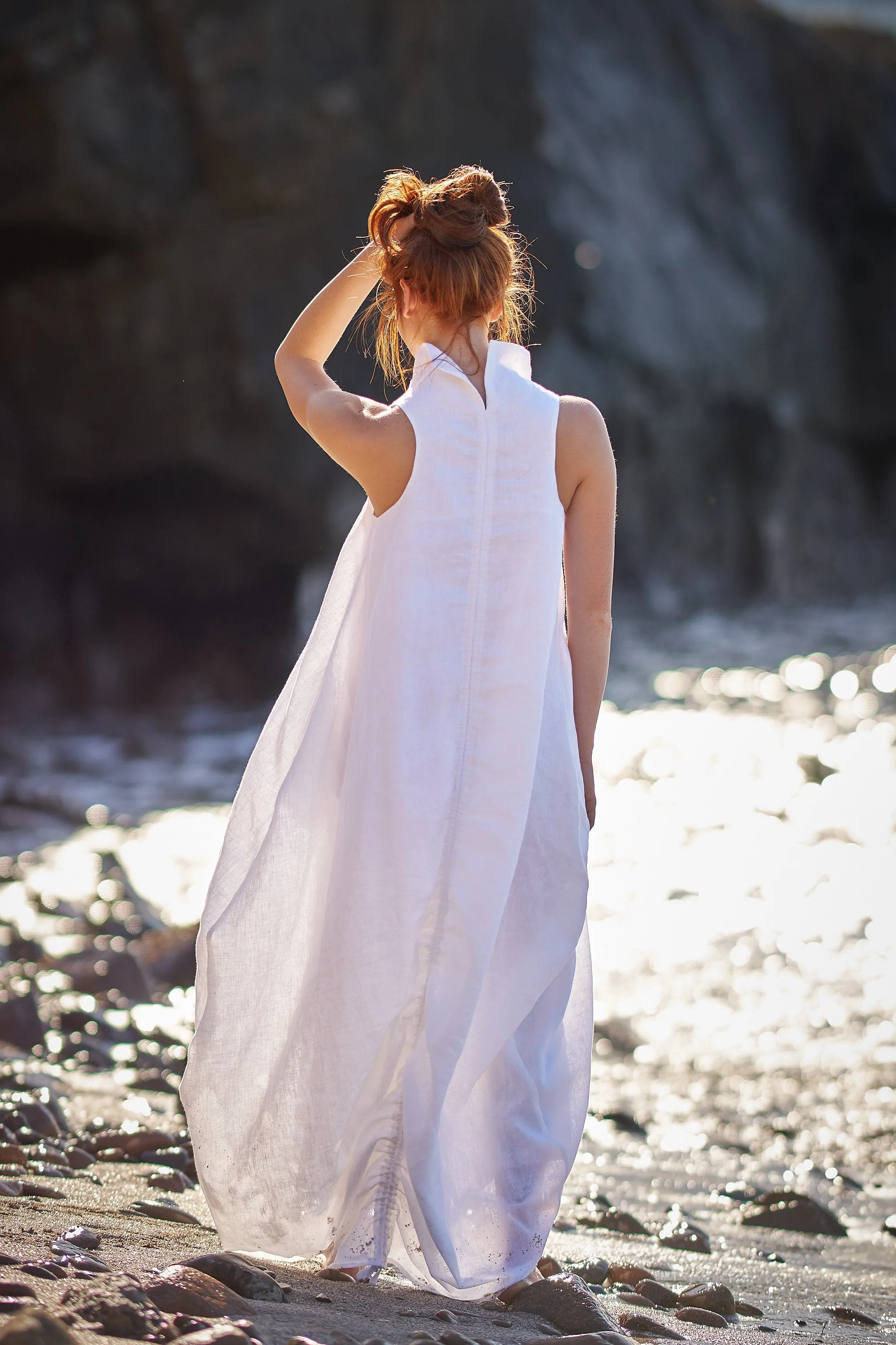 Cowl Neck Linen Dress in White