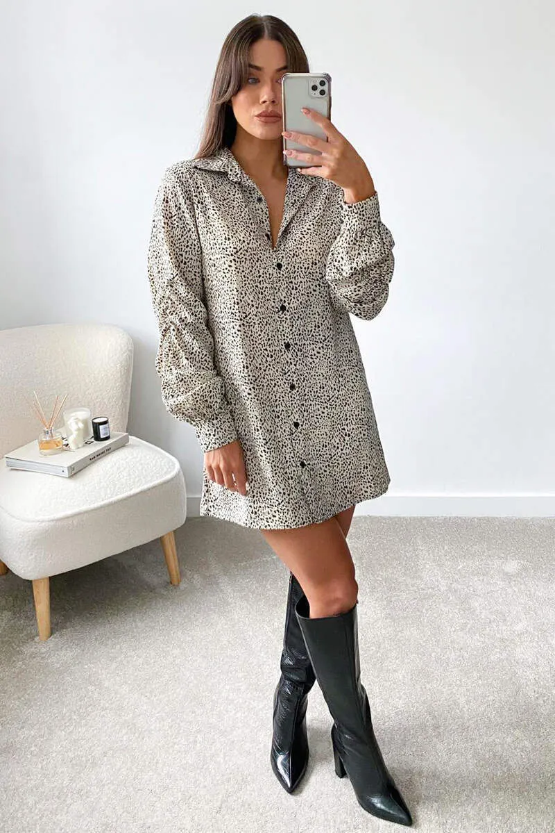 Cream Animal Printed Button up Shirt Dress