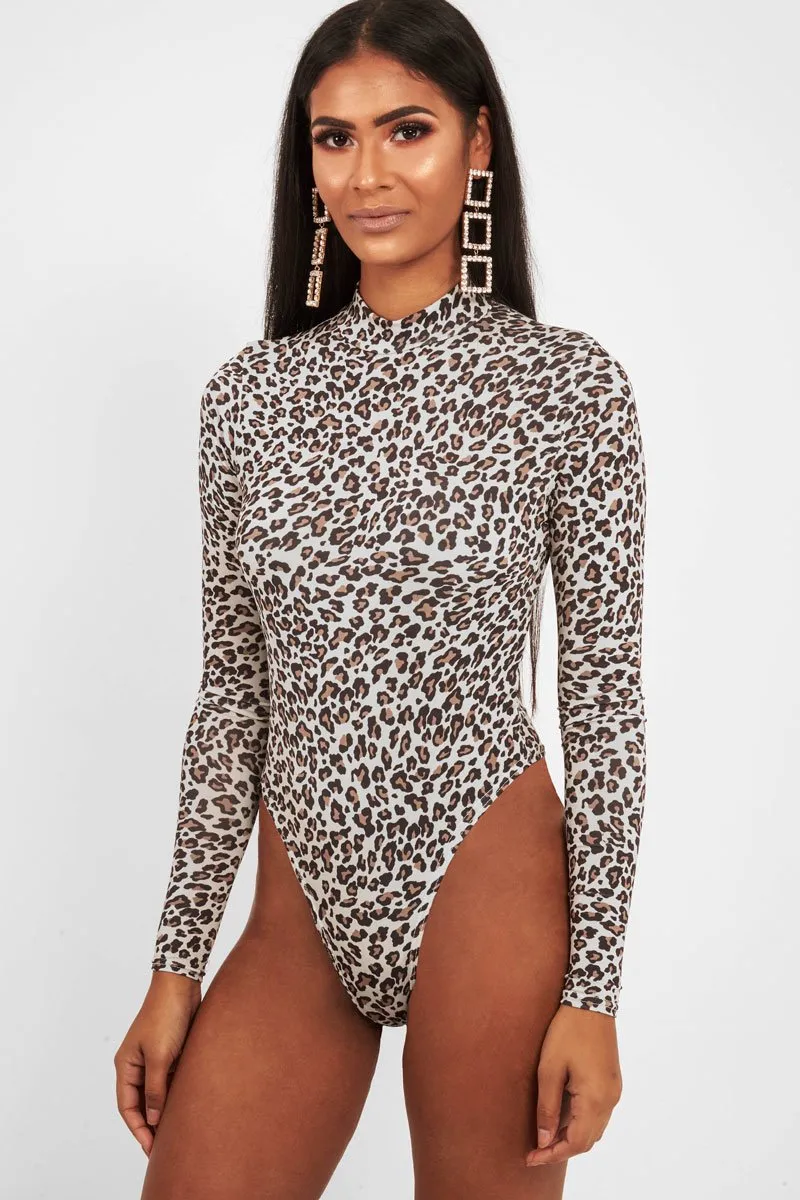 Cream Leopard Print Slinky High Neck Bodysuit - Abira